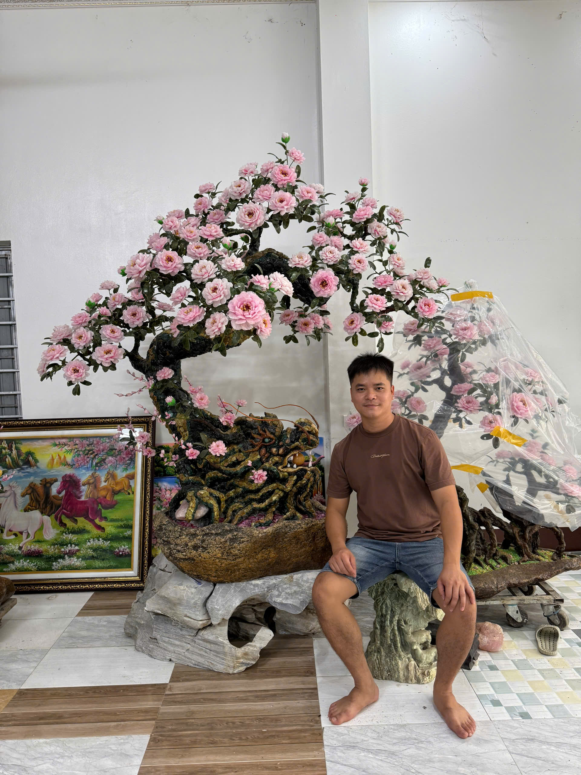 Cây bonsai hoa hồng phấn trang trí
